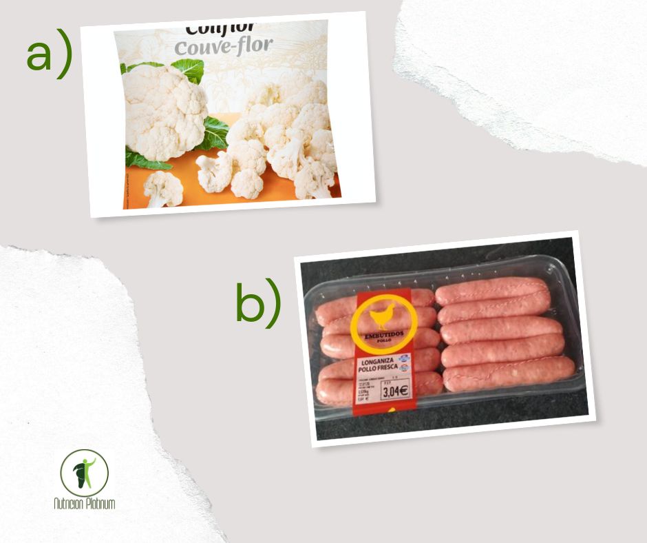 Coliflor cocida con salchichas a la plancha.